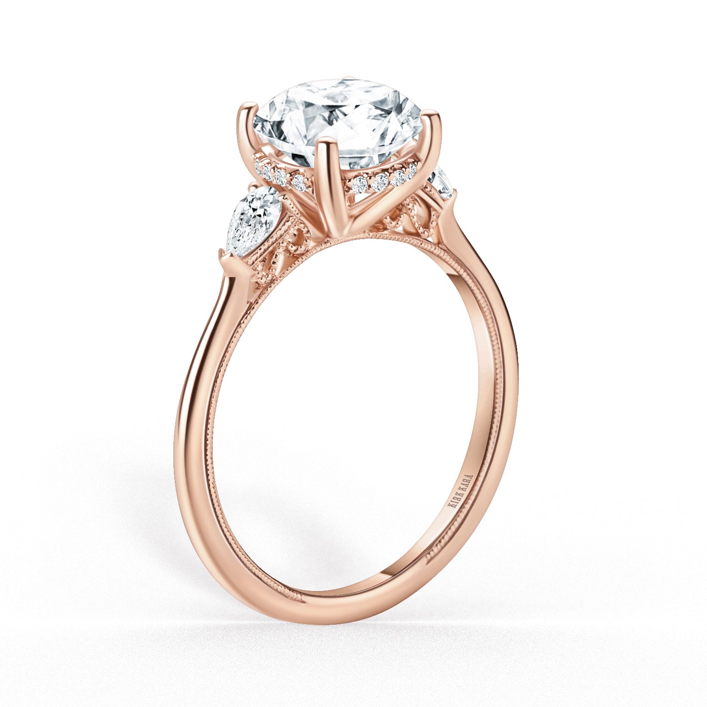 Three Stone Pear Hidden Halo Diamond Engagement Ring
