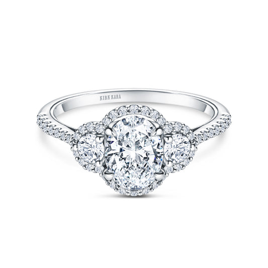 Three Stone Halo Round Side Stone Diamond Engagement Ring