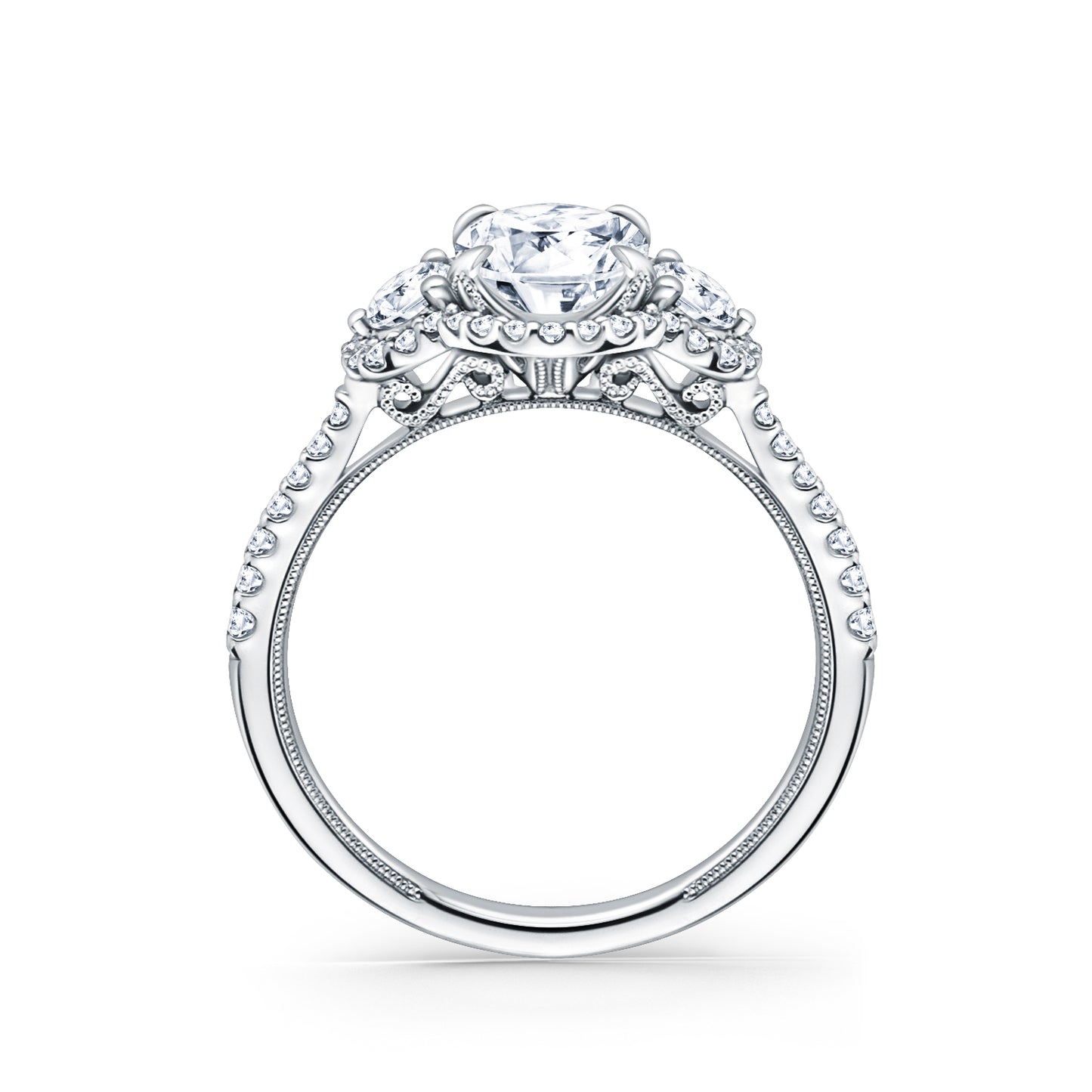 Three Stone Halo Round Side Stone Diamond Engagement Ring
