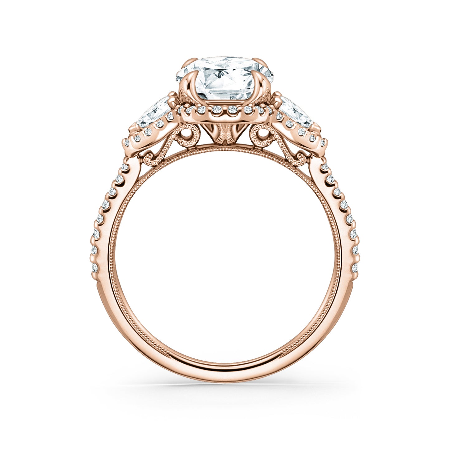 Three Stone Halo Pear Side Stone Diamond Engagement Ring