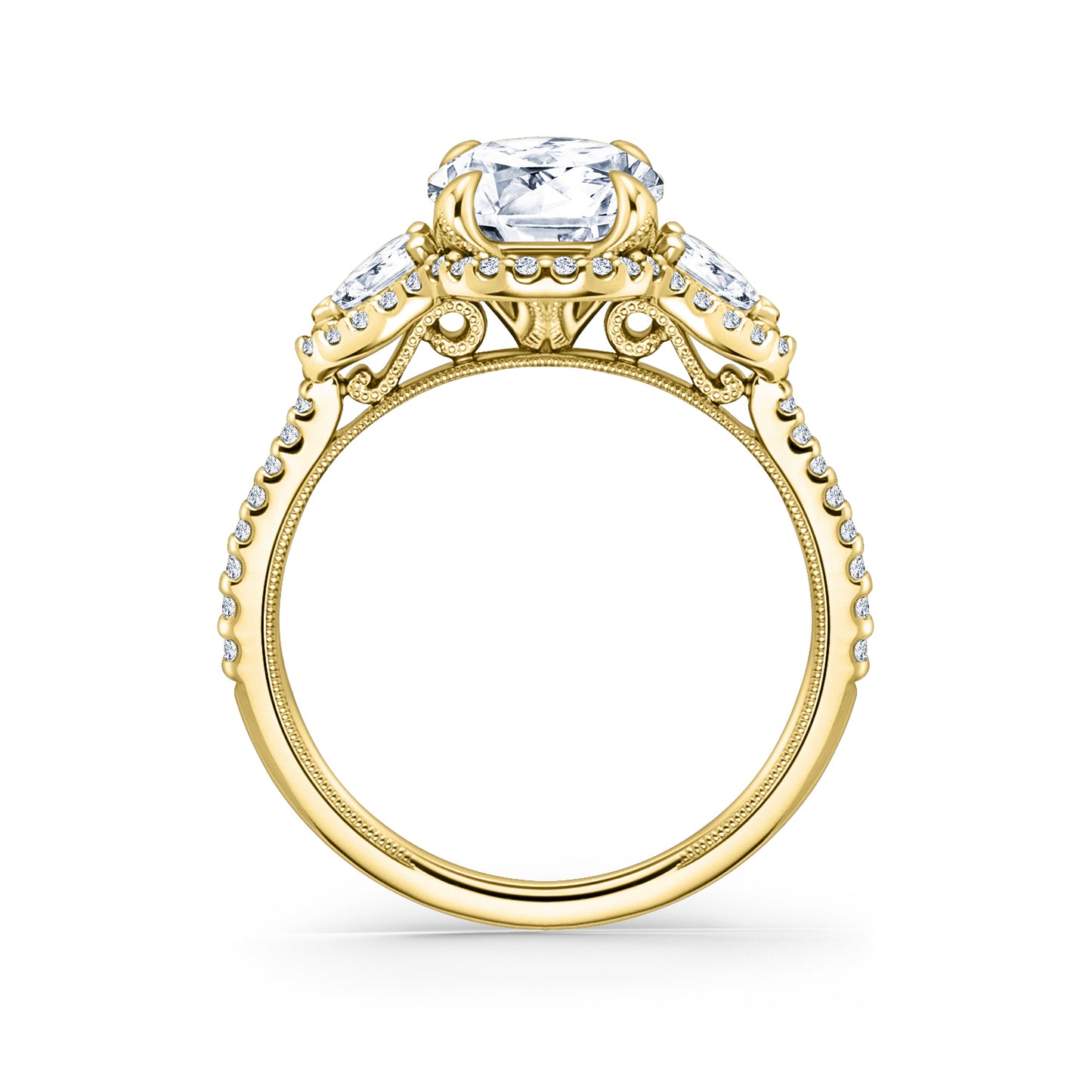 Three Stone Halo Pear Side Stone Diamond Engagement Ring