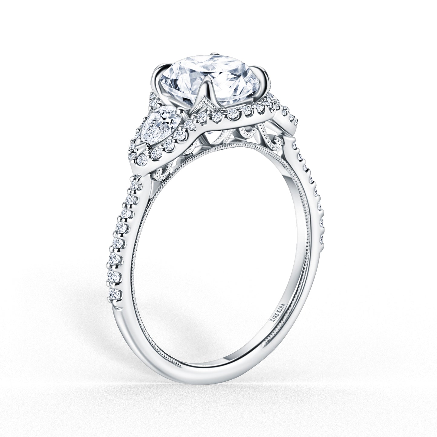 Three Stone Halo Pear Side Stone Diamond Engagement Ring