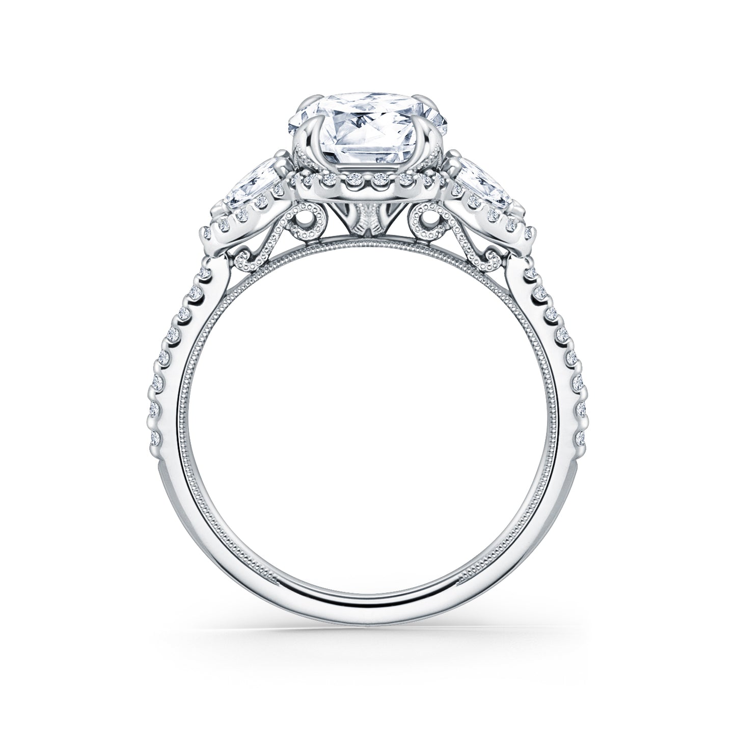 Three Stone Halo Pear Side Stone Diamond Engagement Ring
