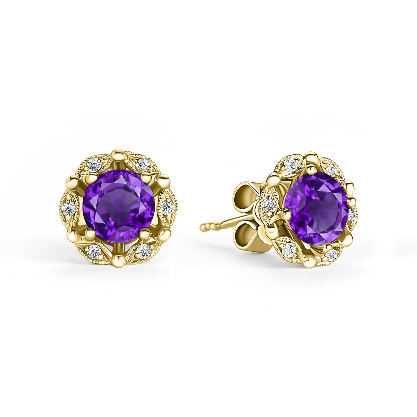 Delicate Floral Amethyst Diamond Stud Earrings