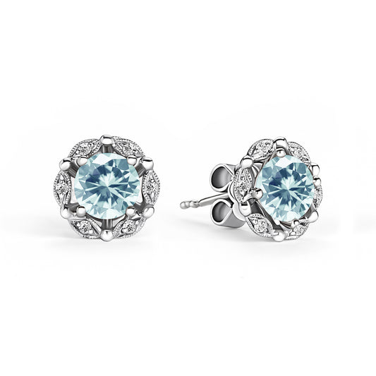 Delicate Floral Aquamarine Diamond Stud Earrings