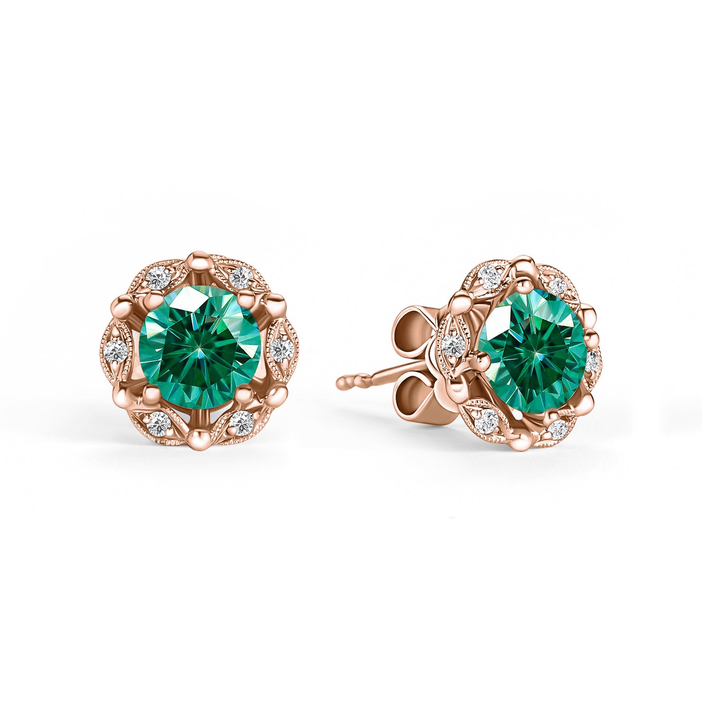 Delicate Floral Green Moissanite Diamond Stud Earrings