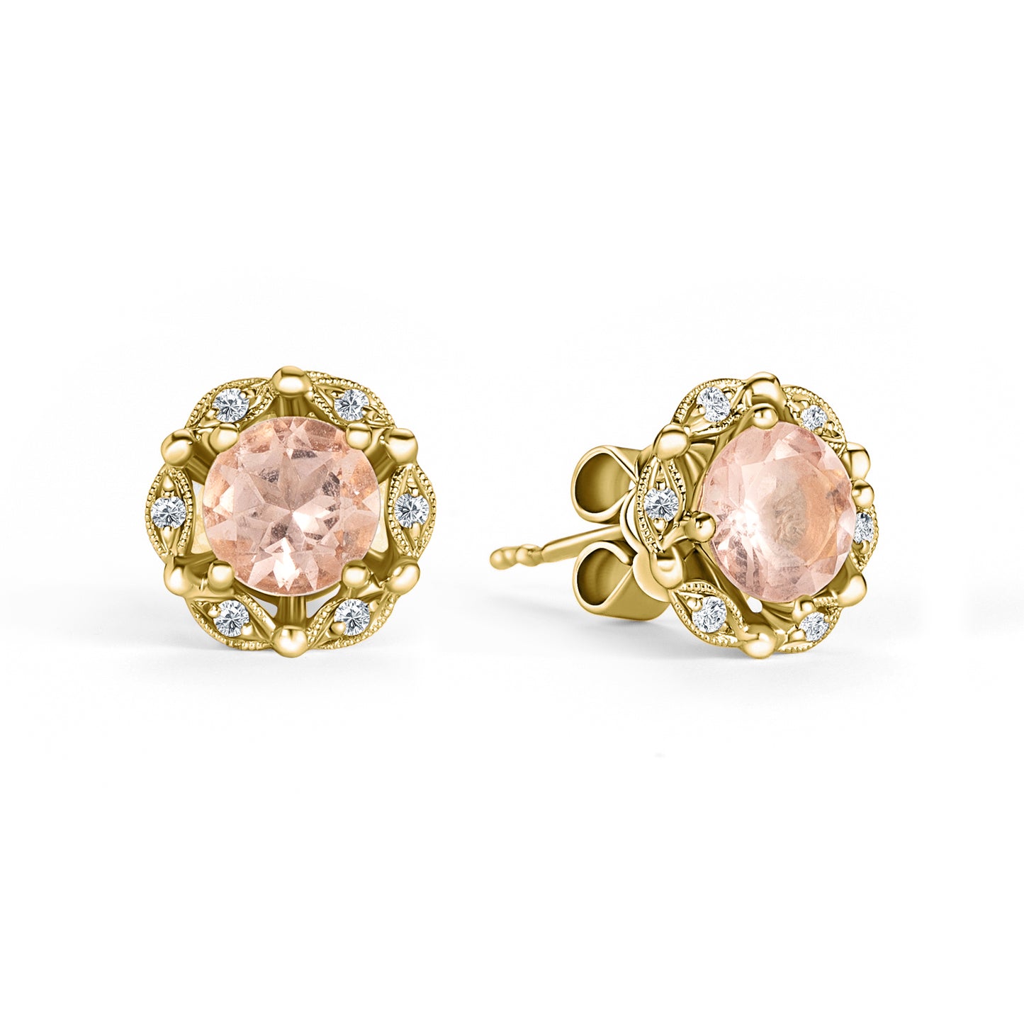 Delicate Floral Morganite Diamond Stud Earrings