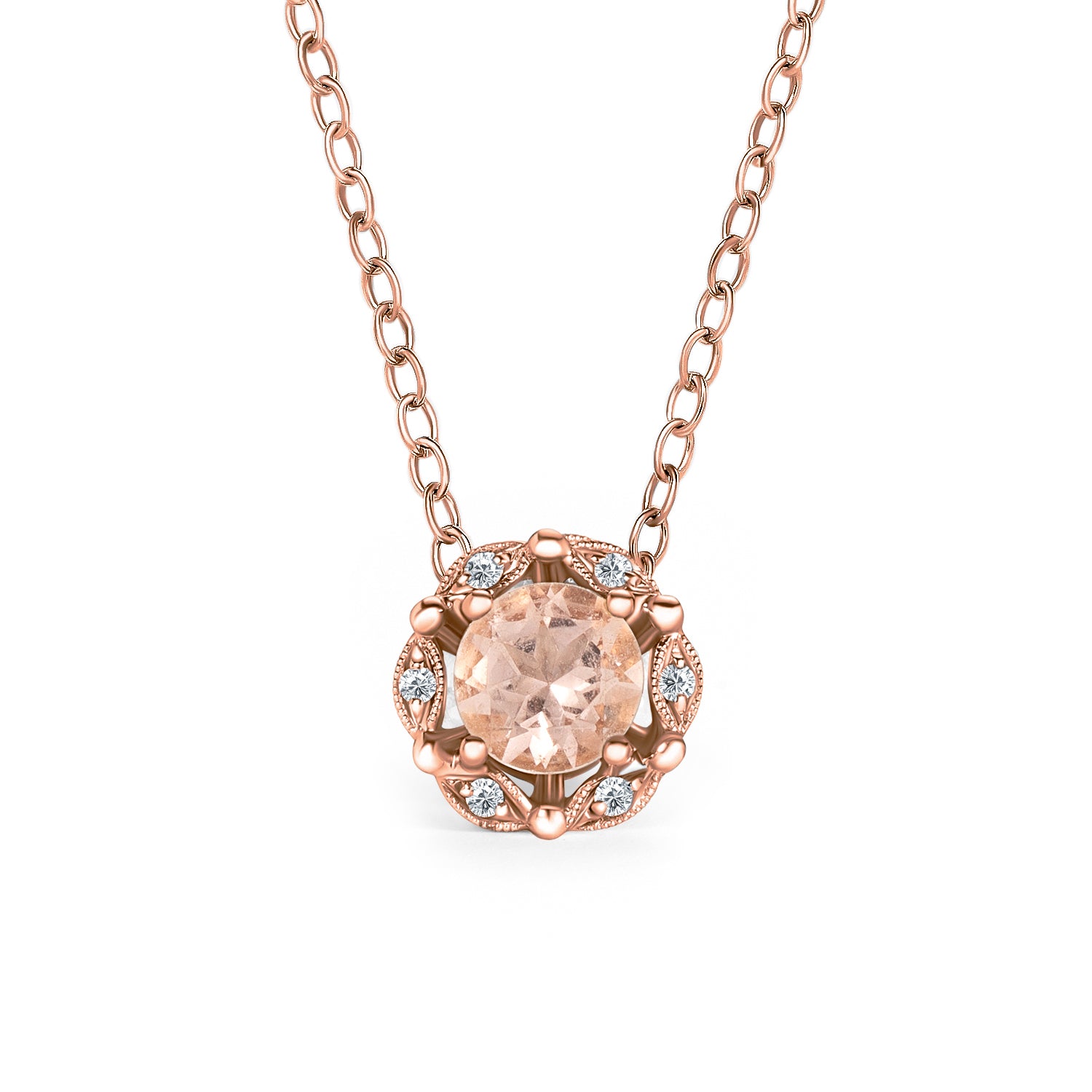 Morganite, Diamond & White Sapphire Halo Station Necklace in 14k Rose Gold