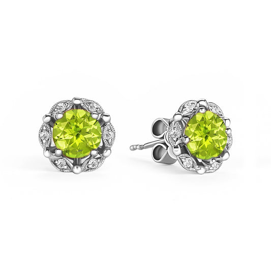 Delicate Floral Peridot Diamond Stud Earrings