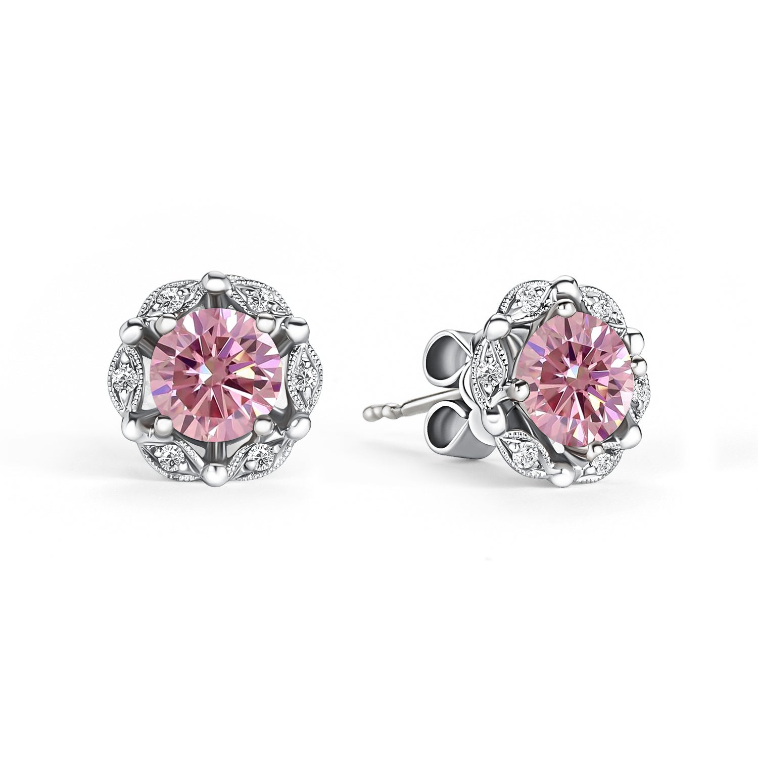 Delicate Floral Pink Moissanite Diamond Stud Earrings