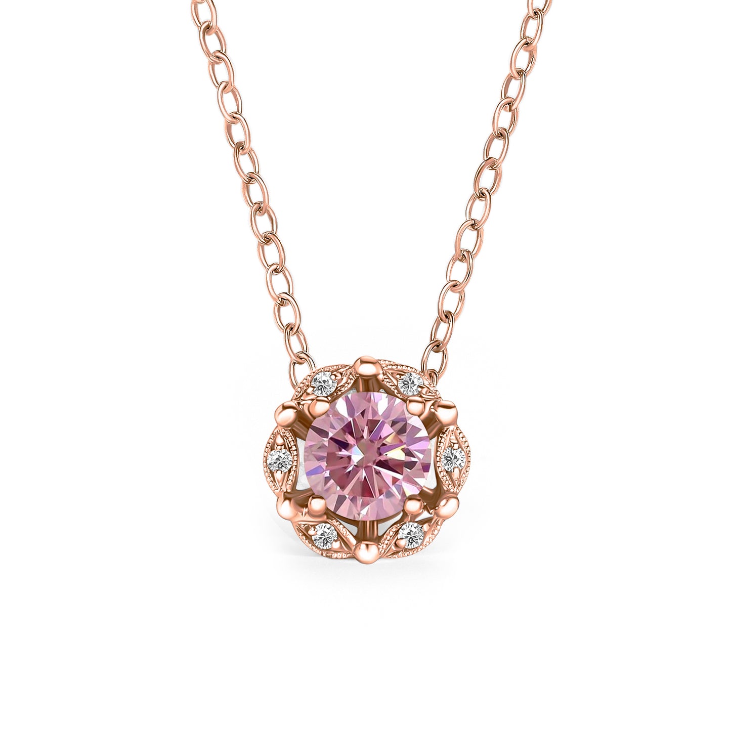 Delicate Floral Pink Moissanite Diamond Necklace