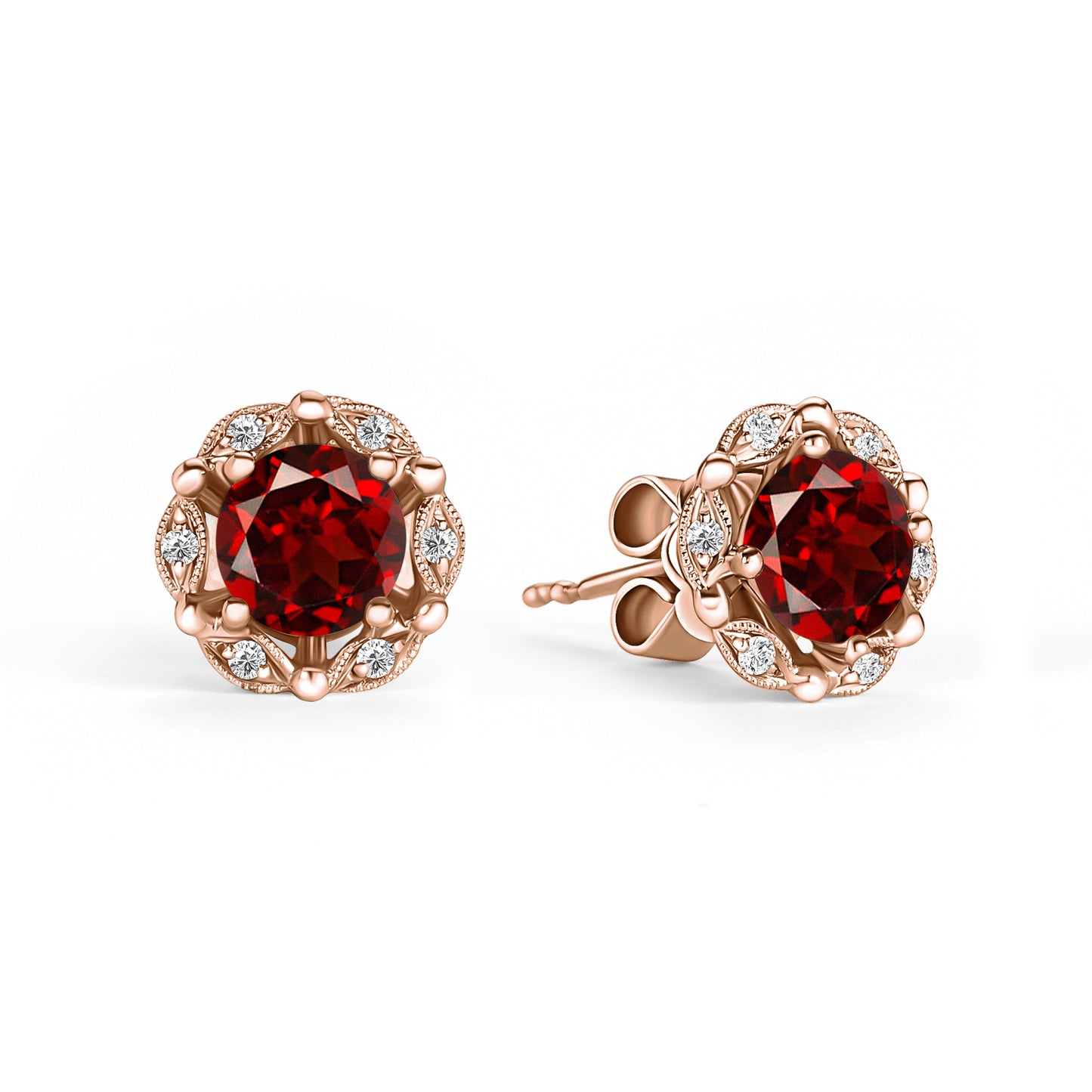 Delicate Floral Red Garnet Diamond Stud Earrings