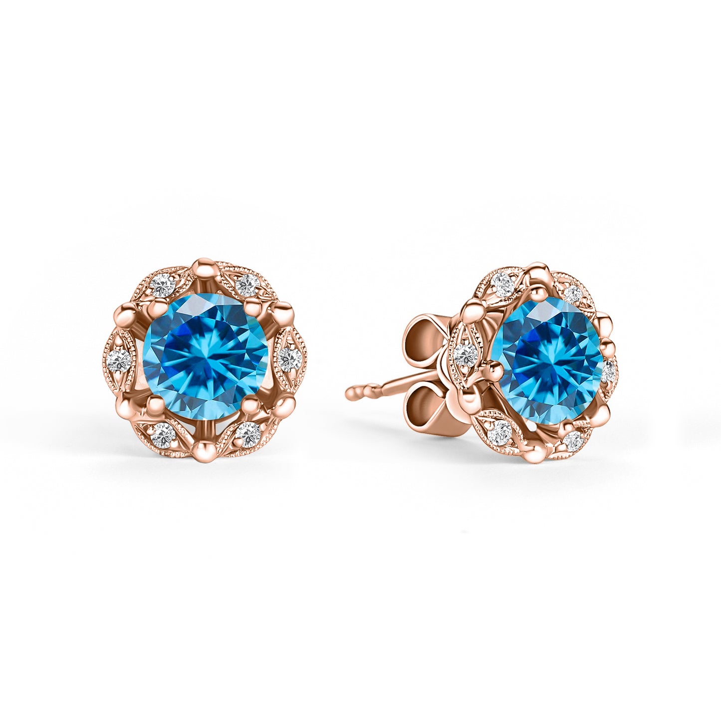 Delicate Floral Swiss Blue Topaz Diamond Stud Earrings