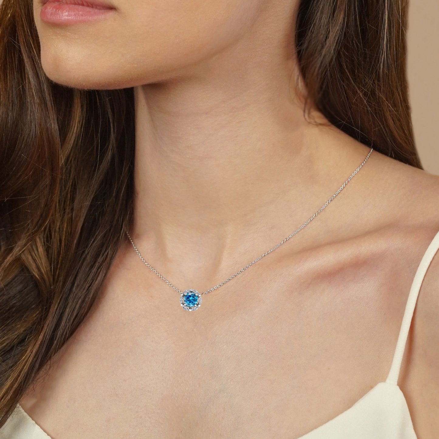 Delicate Floral Swiss Blue Topaz Diamond Necklace