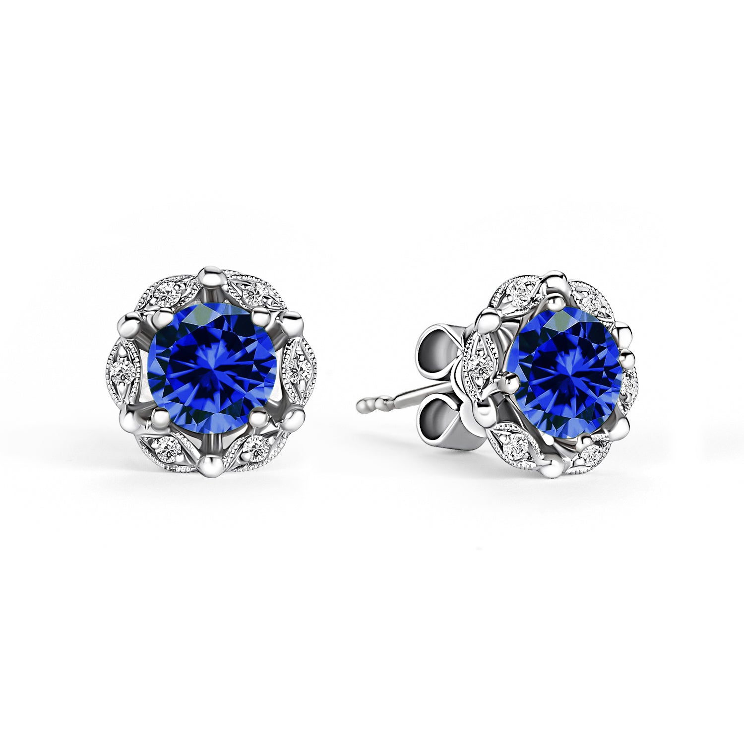 Delicate Floral Blue Sapphire Diamond Stud Earrings
