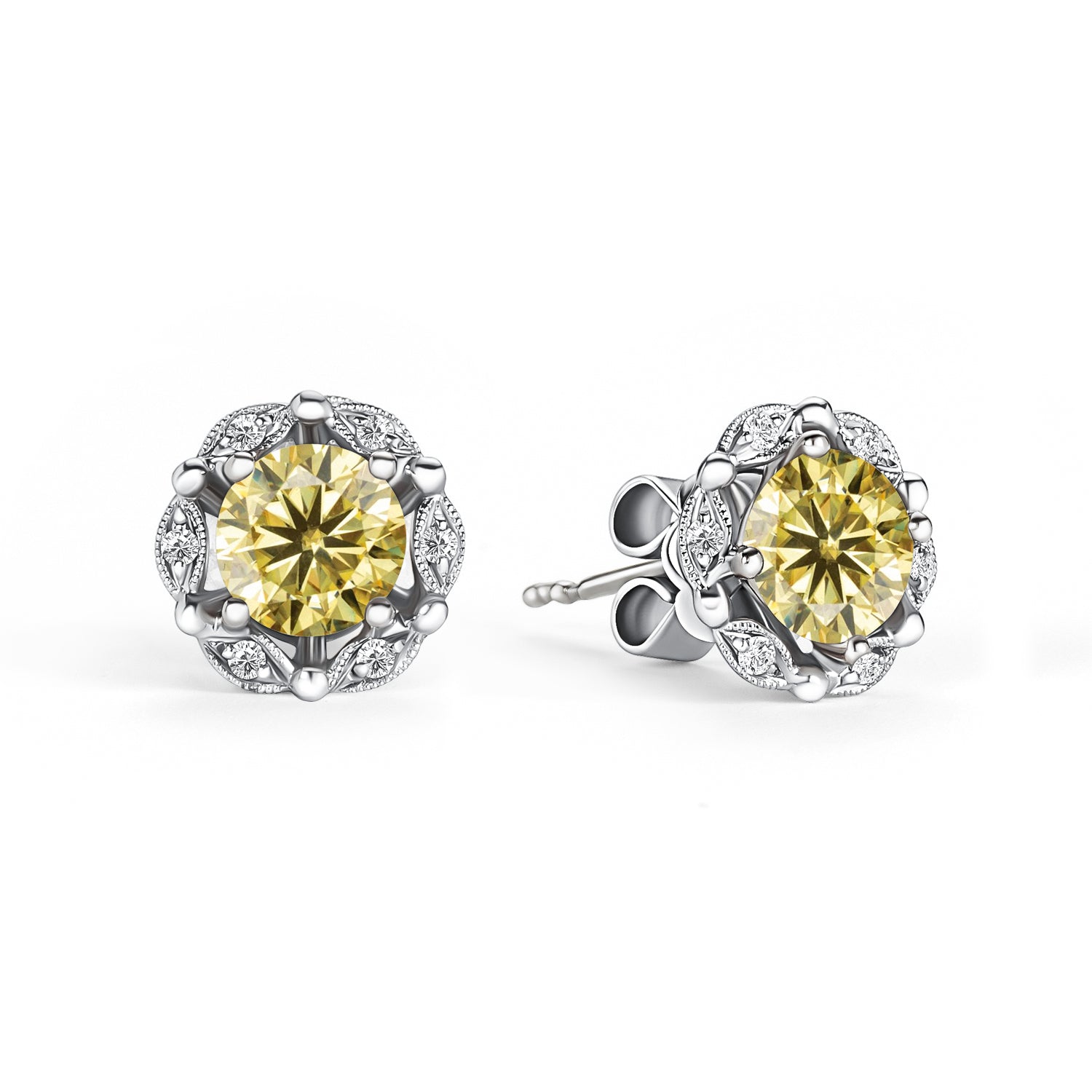 Delicate Floral Yellow Moissanite Diamond Stud Earrings