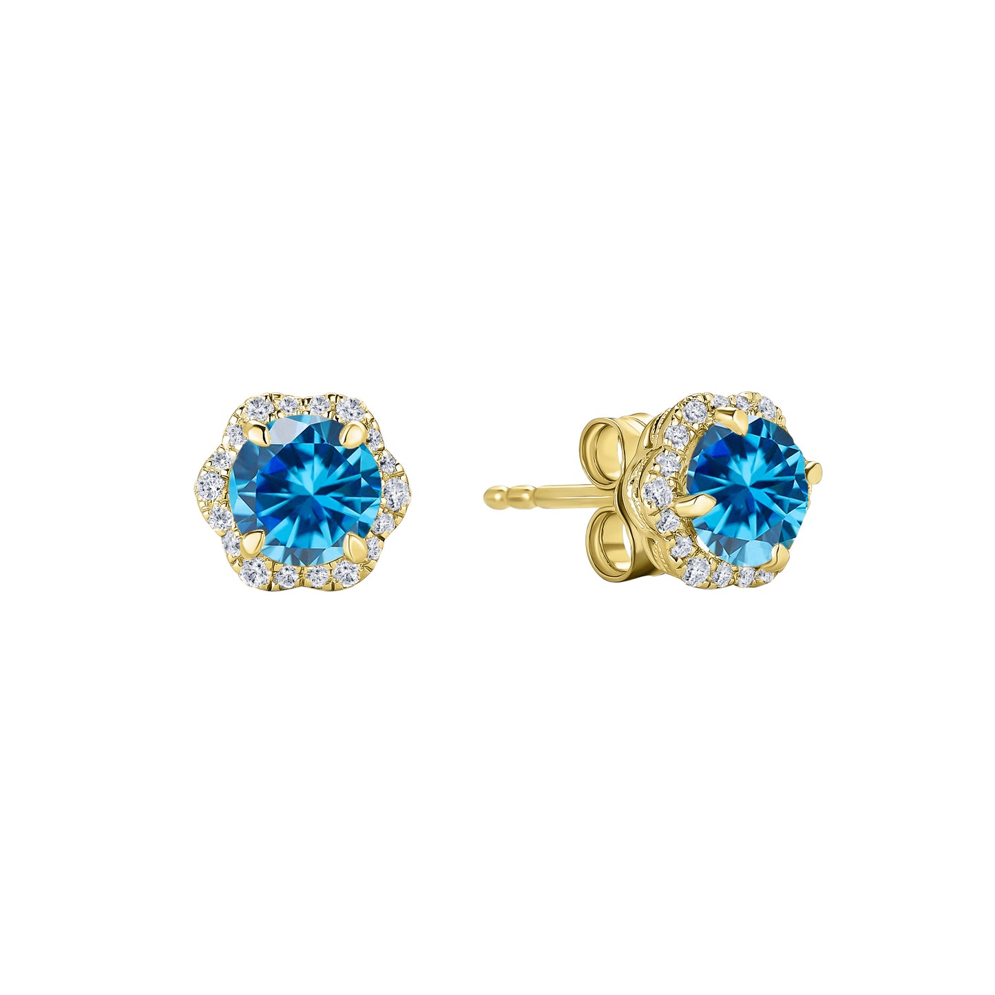 Floral Milgrain Swiss Blue Topaz Diamond Stud Earrings
