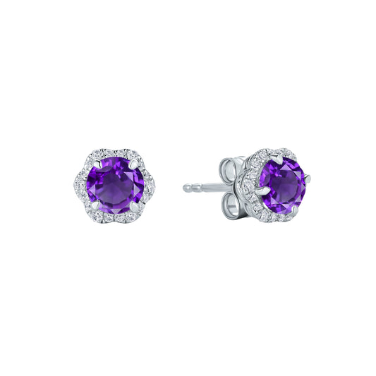 Floral Milgrain Amethyst Diamond Stud Earrings