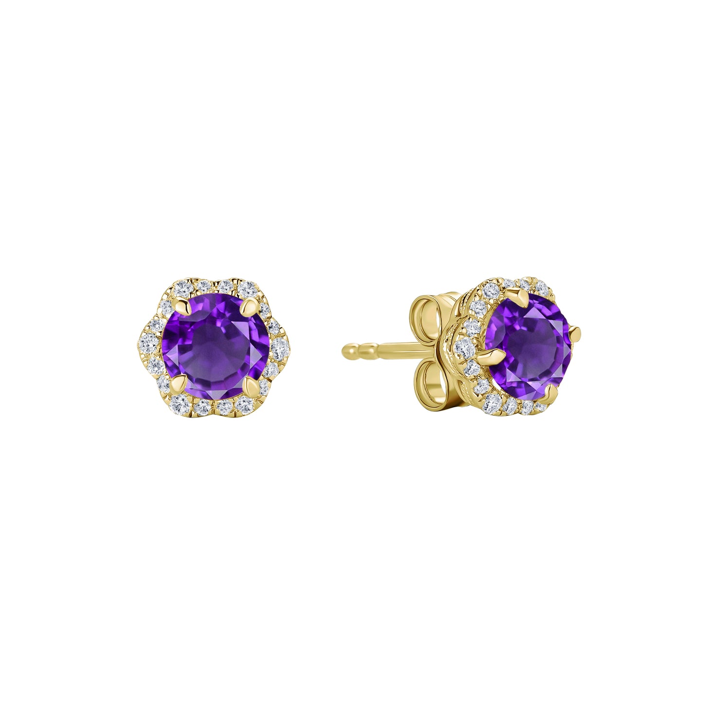 Floral Milgrain Amethyst Diamond Stud Earrings