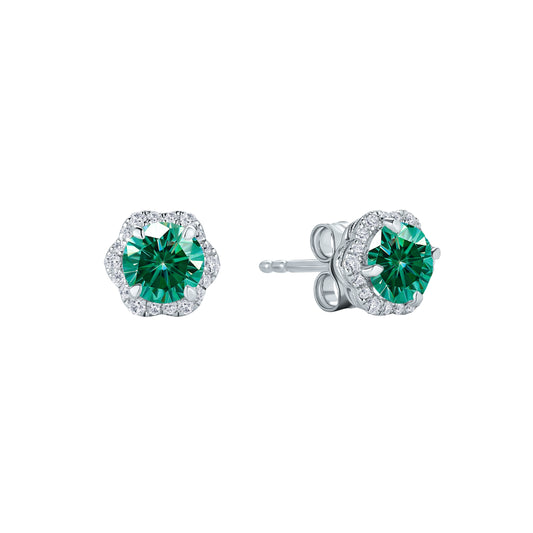 Floral Milgrain Green Moissanite Diamond Stud Earrings