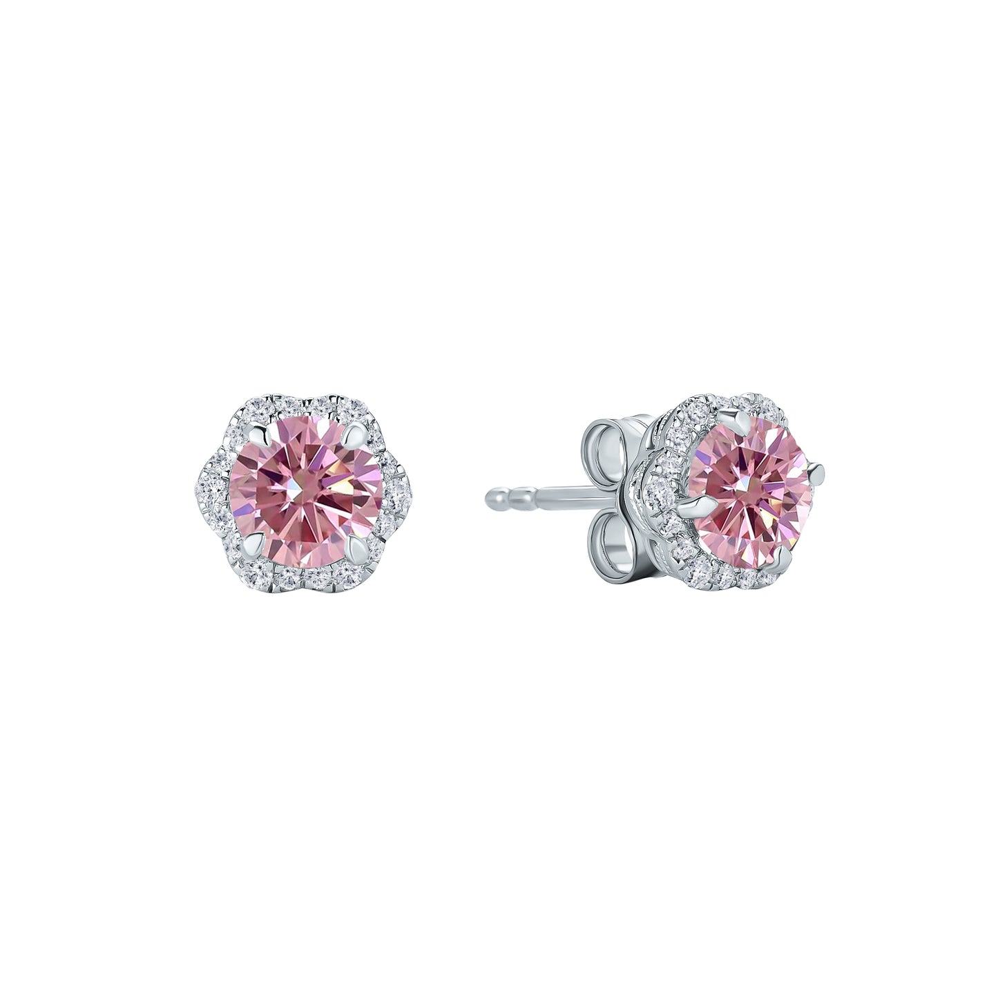 Floral Milgrain Pink Moissanite Diamond Stud Earrings