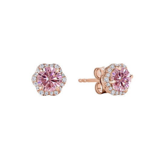 Floral Milgrain Pink Moissanite Diamond Stud Earrings