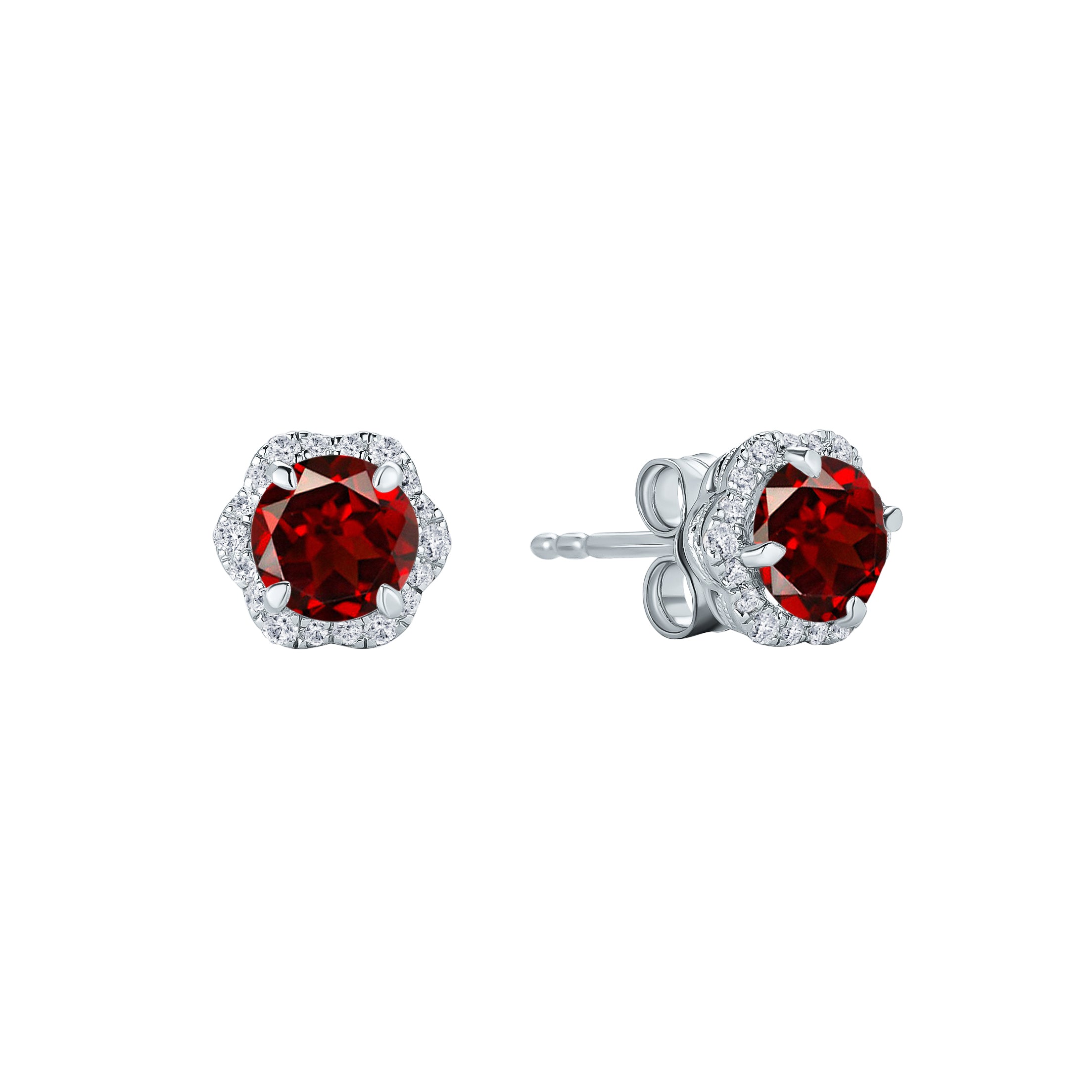 Floral Milgrain Red Garnet Diamond Stud Earrings