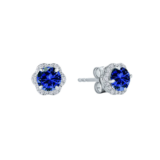 Floral Milgrain Blue Sapphire Diamond Stud Earrings
