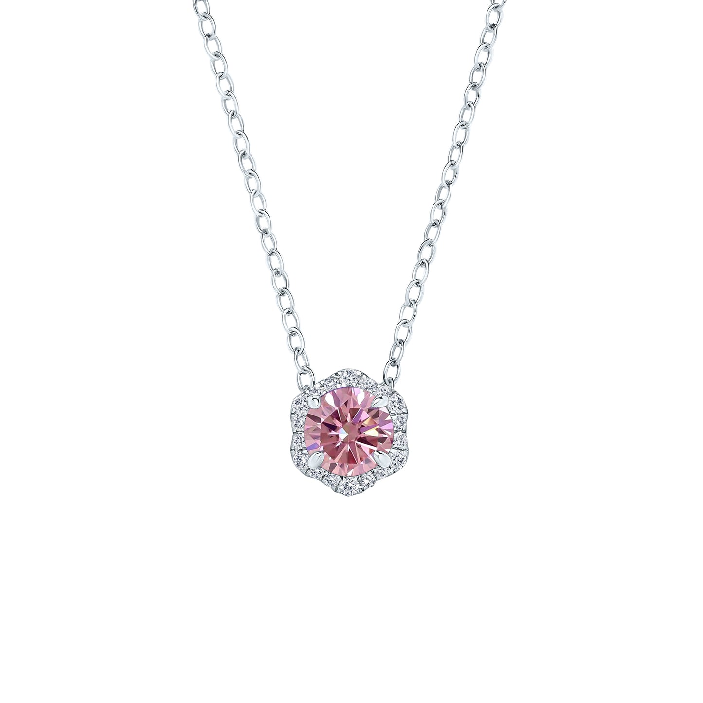 Floral Milgrain Pink Moissanite Diamond Necklace