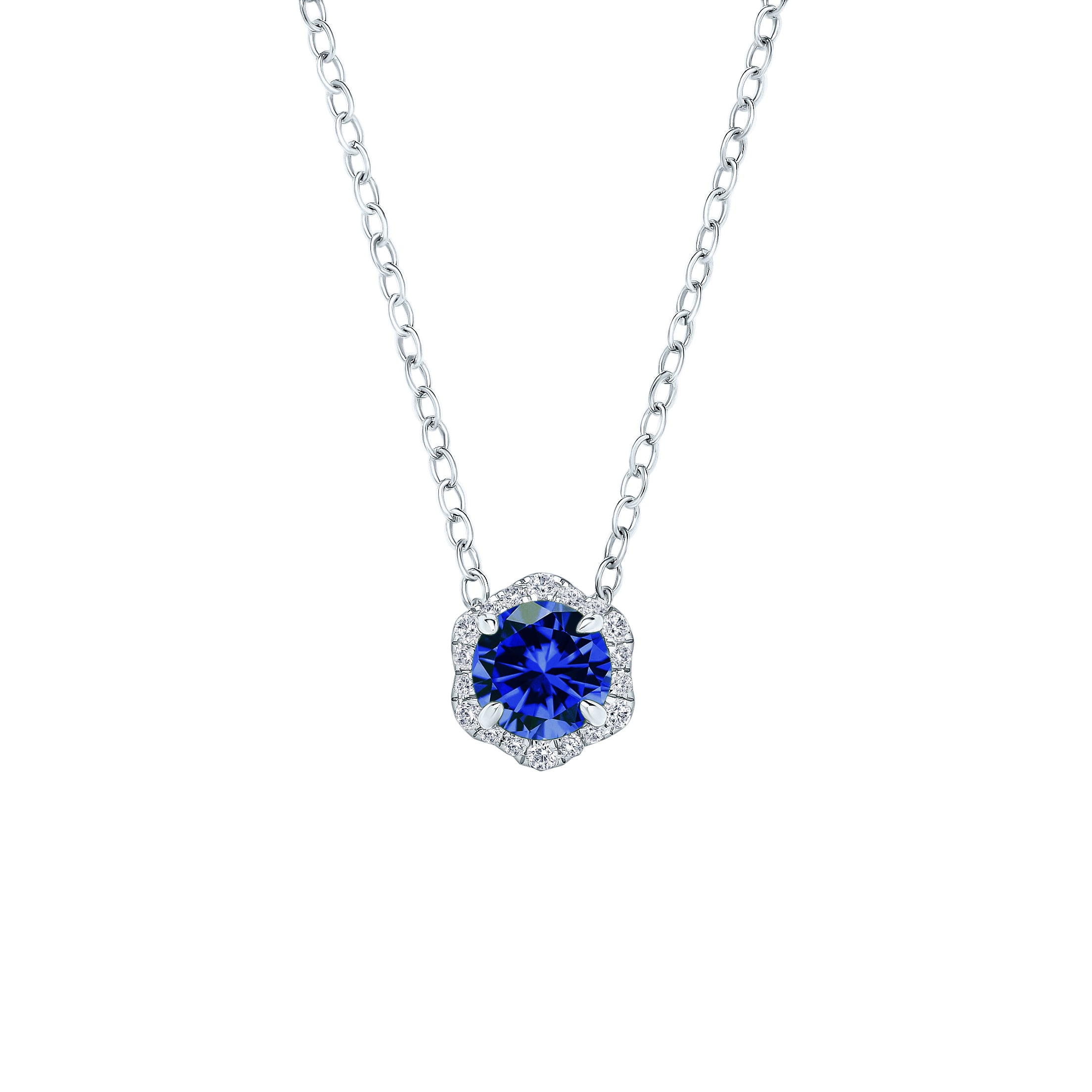 Floral Milgrain Blue Sapphire Diamond Necklace