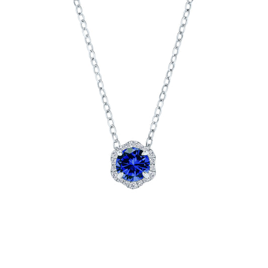 Floral Milgrain Blue Sapphire Diamond Necklace