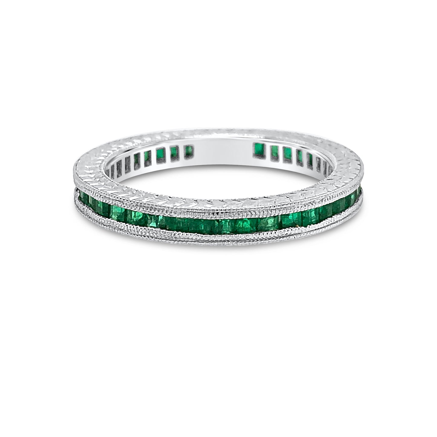 18K White Gold Hand Engraved Emerald Eternity Band