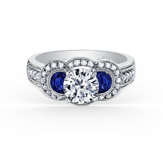 Sapphire Art Deco Three Stone Diamond Engagement Ring