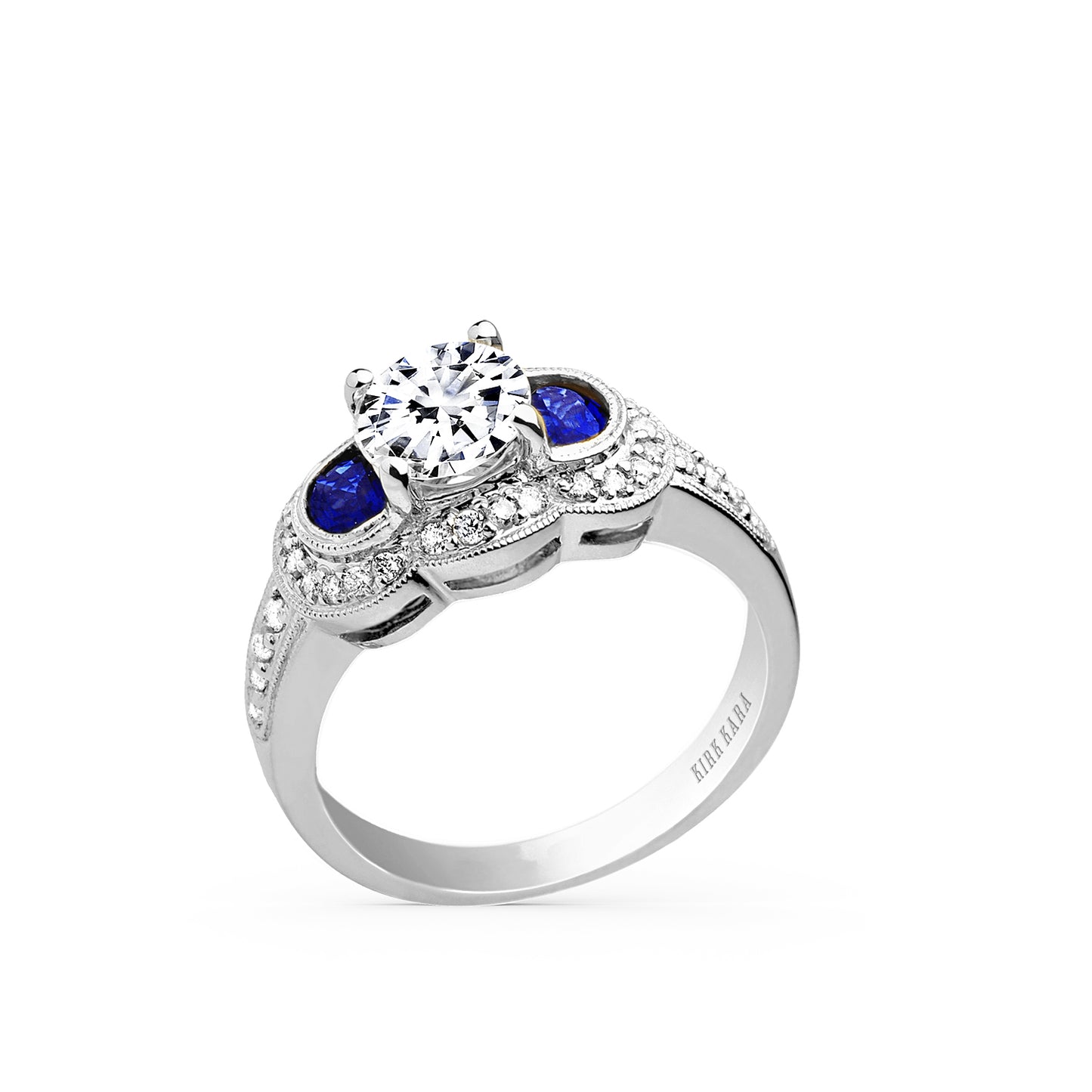Sapphire Art Deco Three Stone Diamond Engagement Ring