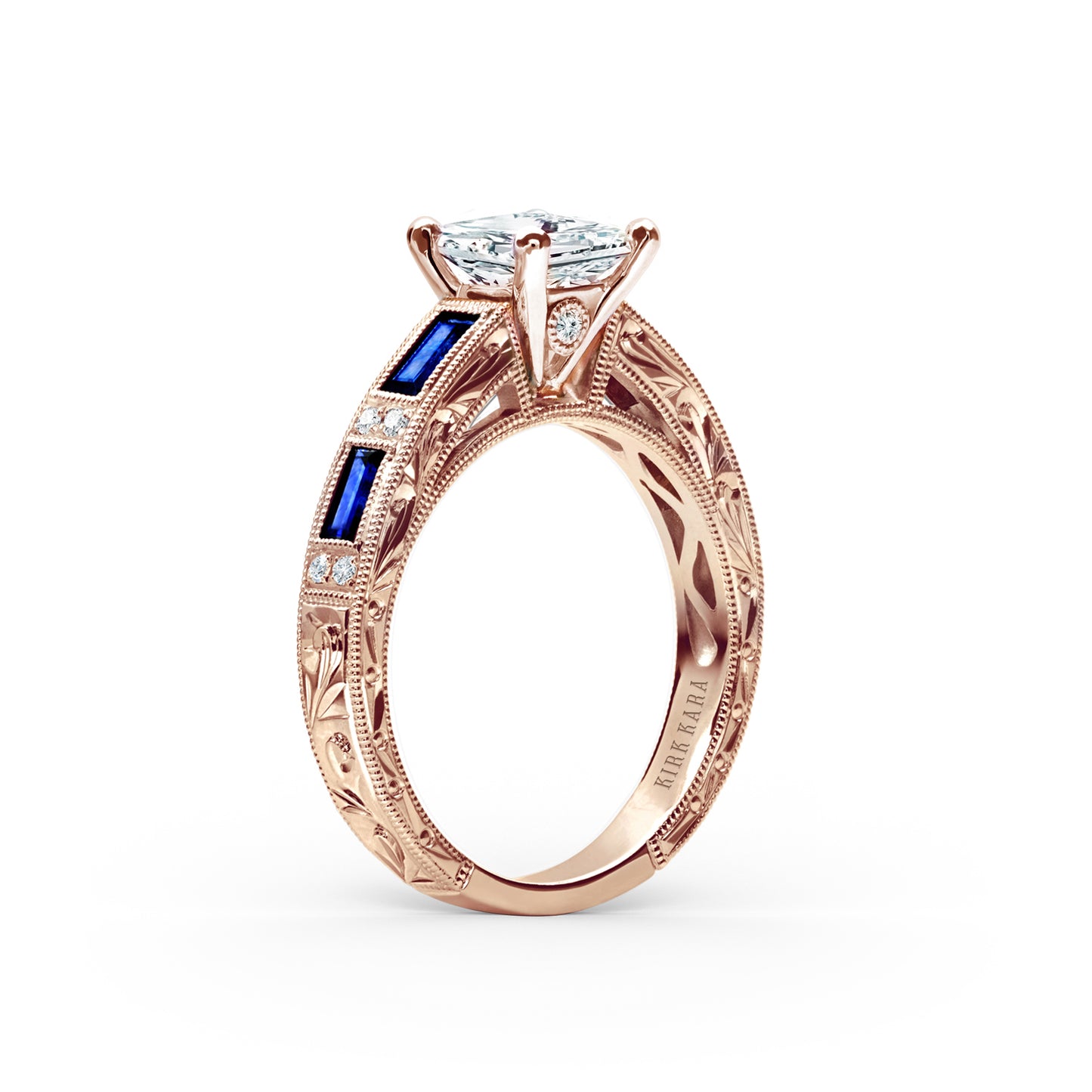 Blue Sapphire Baguette Engraved Cathedral Diamond Engagement Ring