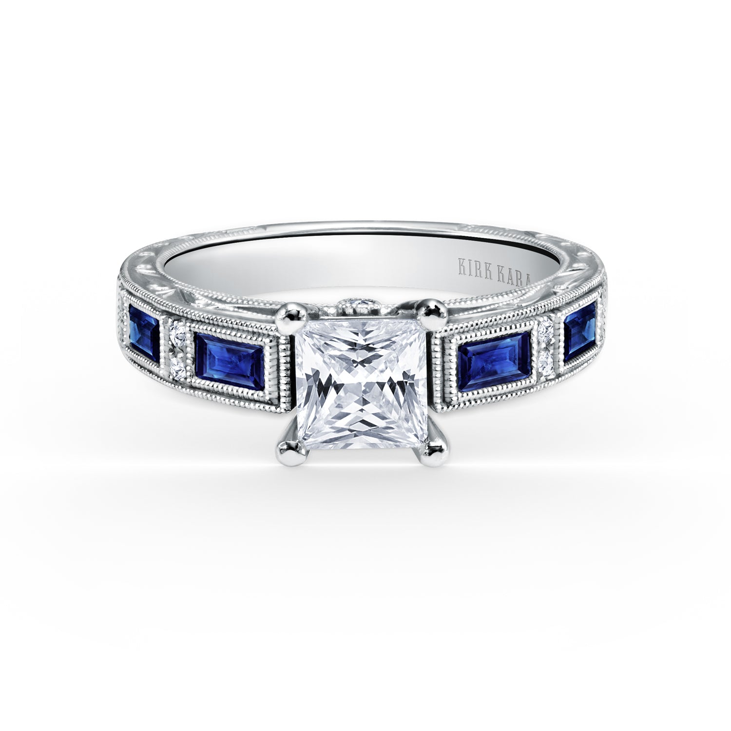 Blue Sapphire Baguette Engraved Cathedral Diamond Engagement Ring