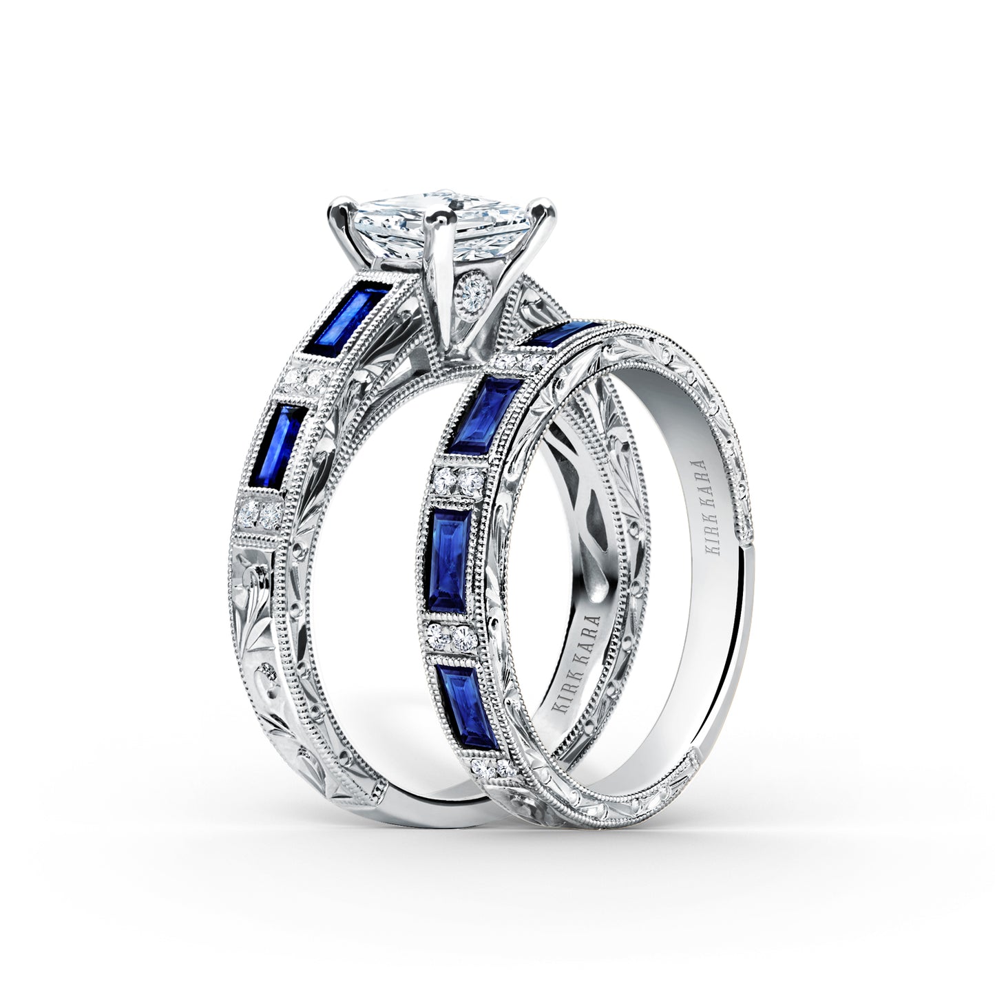 Blue Sapphire Baguette Engraved Cathedral Diamond Engagement Ring