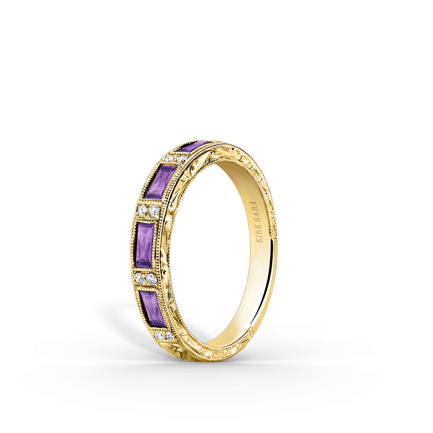 Amethyst Baguette Engraved Diamond Wedding Band