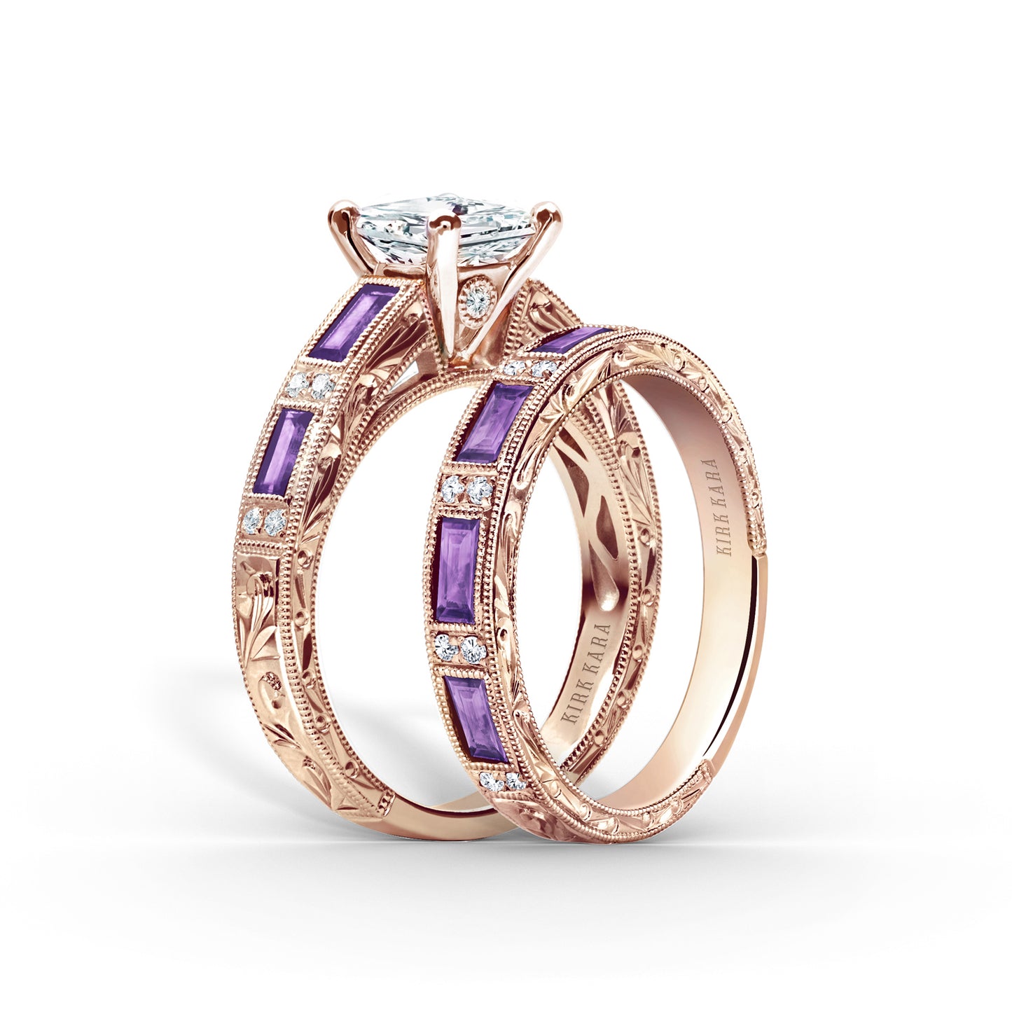 Amethyst Baguette Hand Engraved Cathedral Diamond Engagement Ring