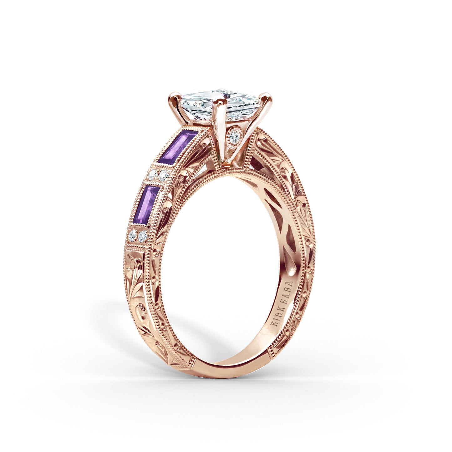 Amethyst Baguette Hand Engraved Cathedral Diamond Engagement Ring