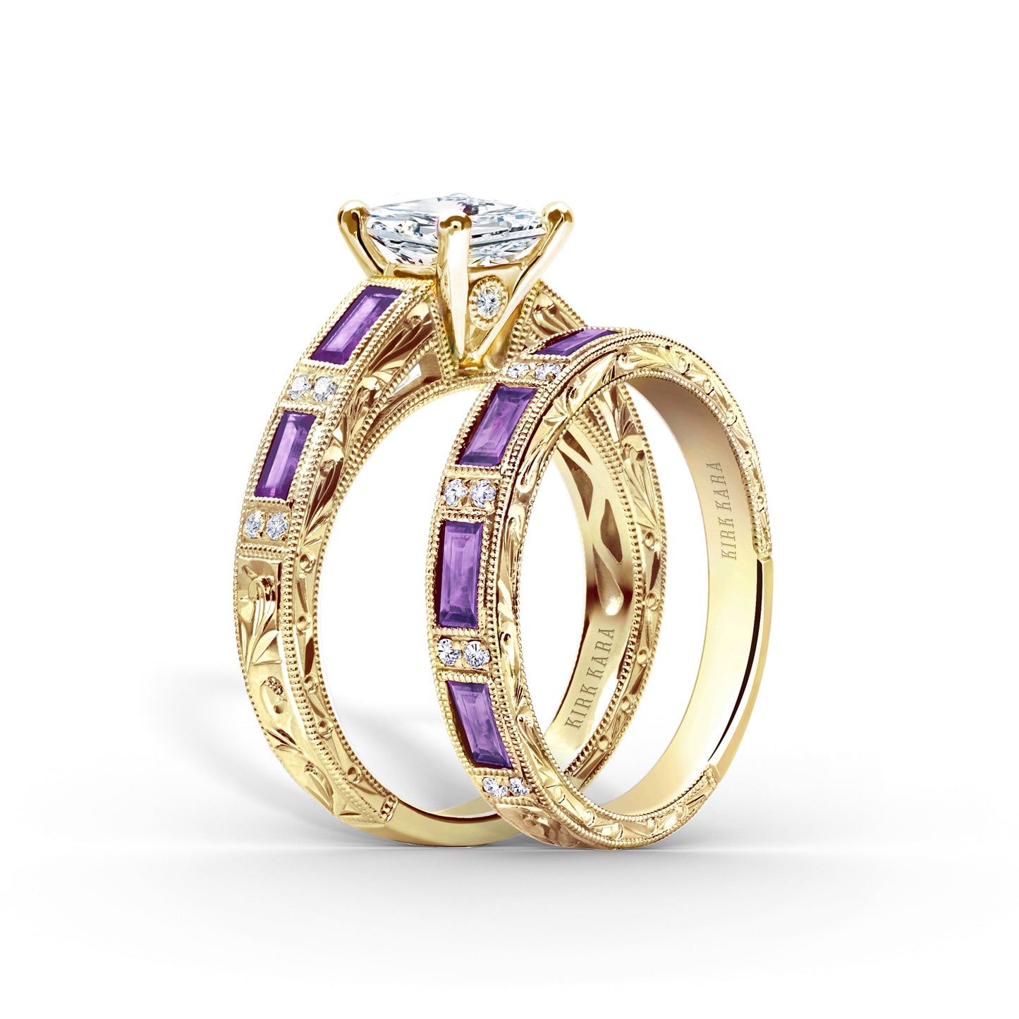 Amethyst Baguette Engraved Diamond Wedding Band