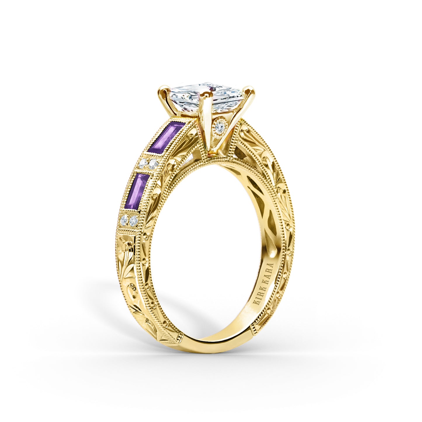 Amethyst Baguette Hand Engraved Cathedral Diamond Engagement Ring