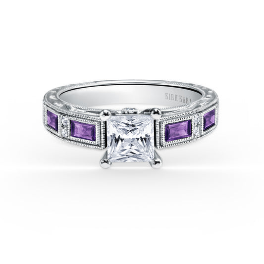 Amethyst Baguette Hand Engraved Cathedral Diamond Engagement Ring