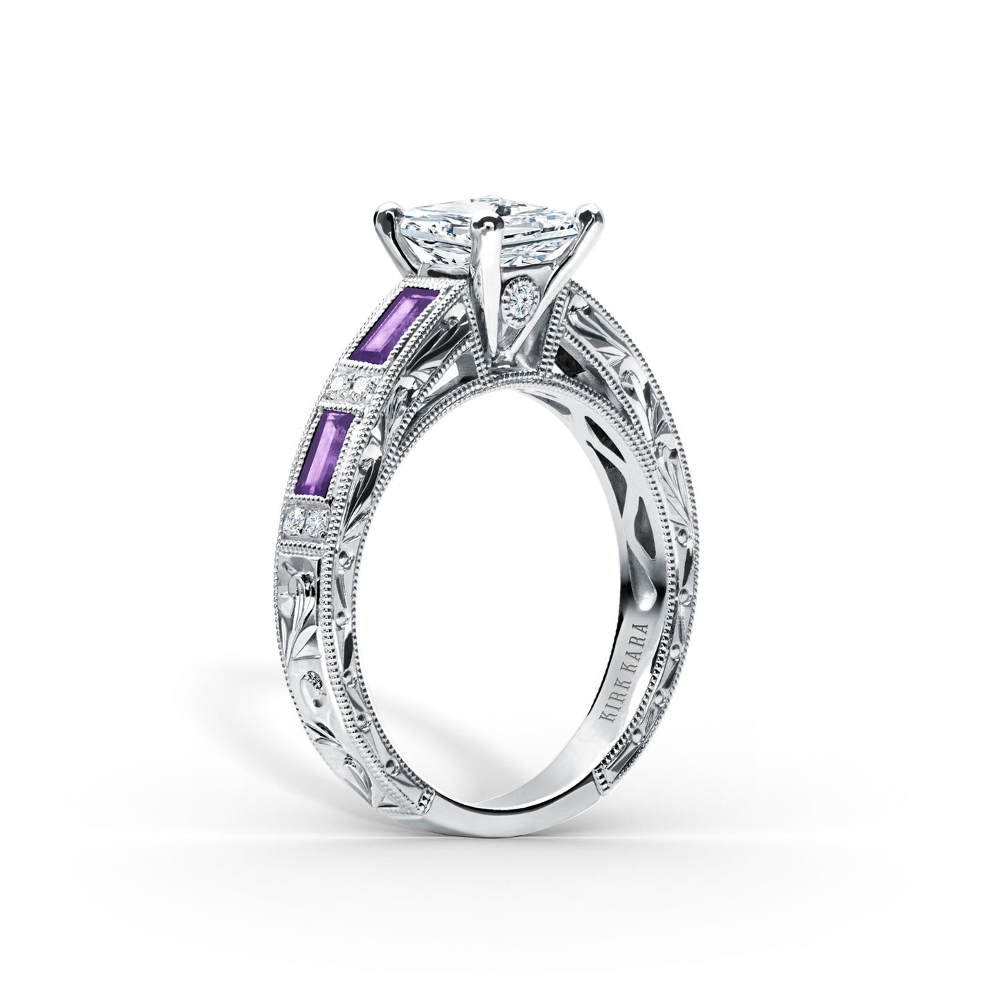 Amethyst Baguette Hand Engraved Cathedral Diamond Engagement Ring