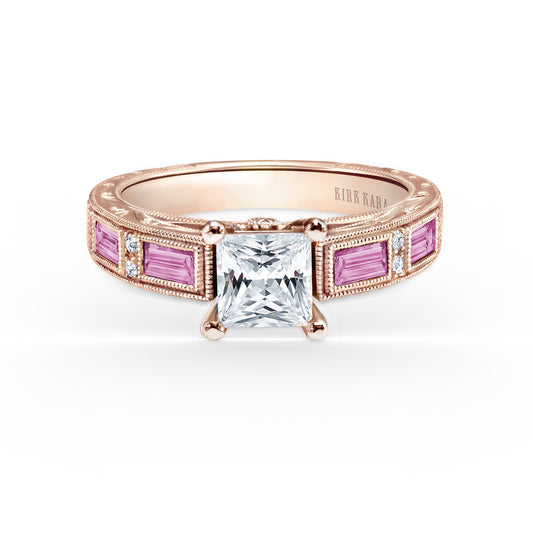 Pink Sapphire Baguette Engraved Cathedral Diamond Engagement Ring