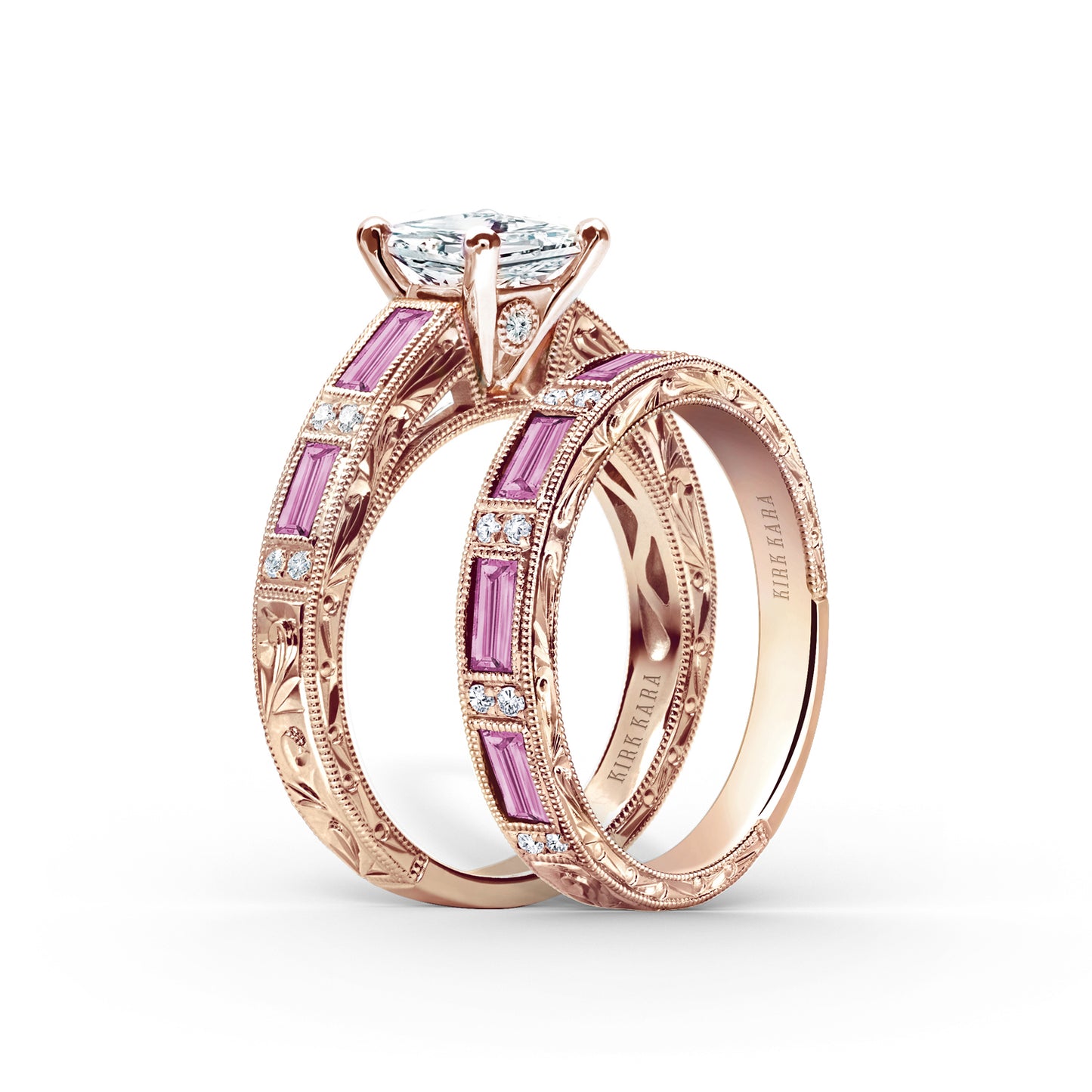 Pink Sapphire Baguette Engraved Cathedral Diamond Engagement Ring