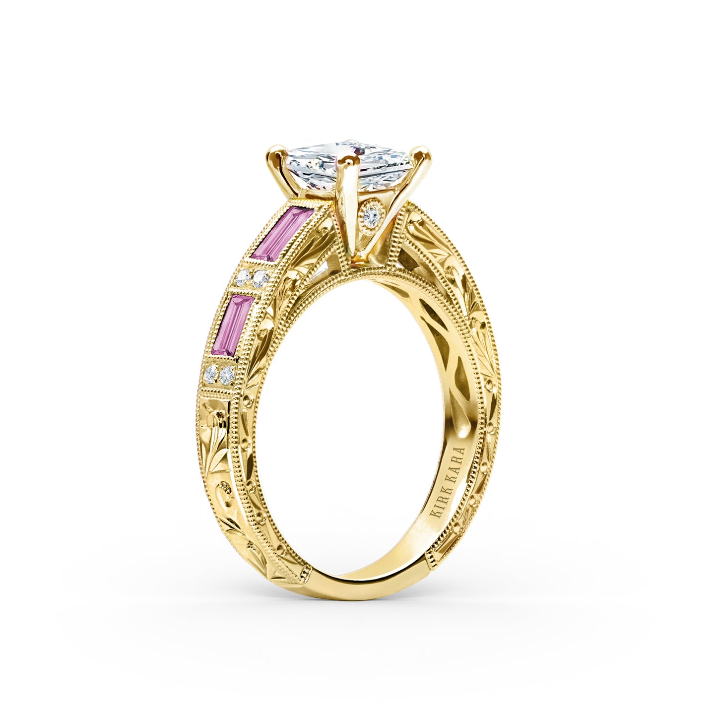 Pink Sapphire Baguette Engraved Cathedral Diamond Engagement Ring