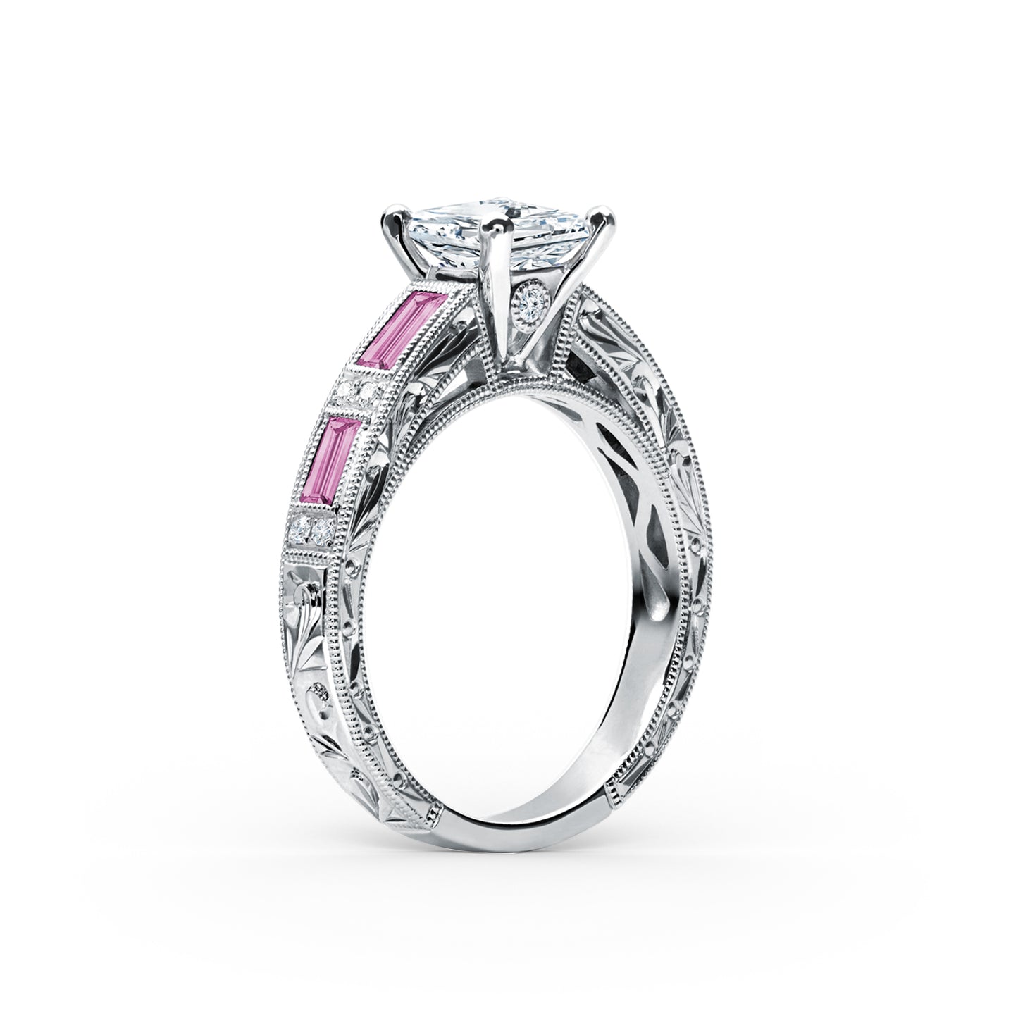 Pink Sapphire Baguette Engraved Cathedral Diamond Engagement Ring