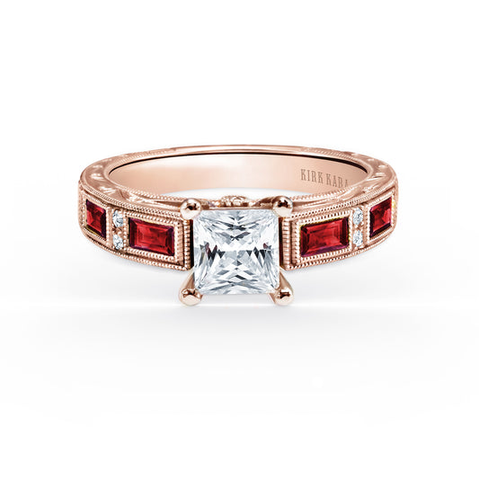Ruby Baguette Engraved Cathedral Diamond Engagement Ring