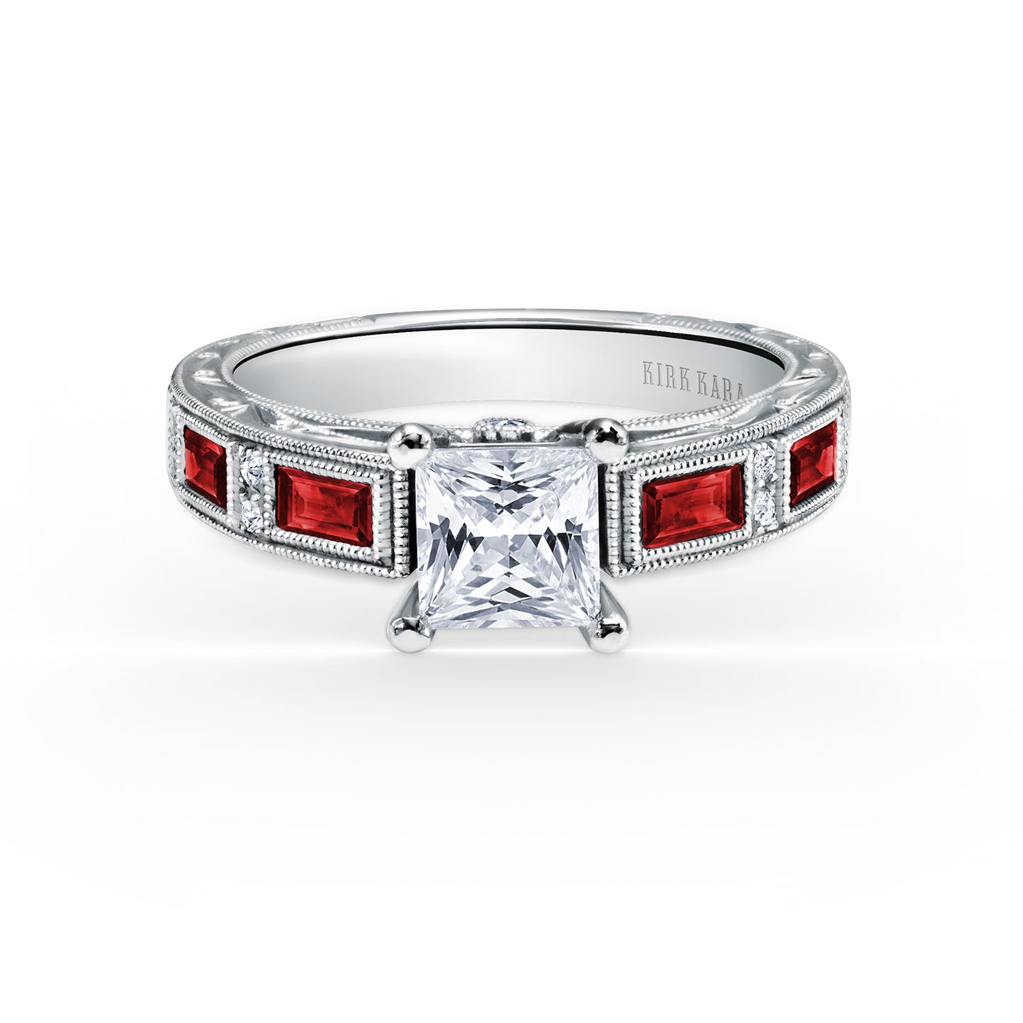 Ruby Baguette Engraved Cathedral Diamond Engagement Ring